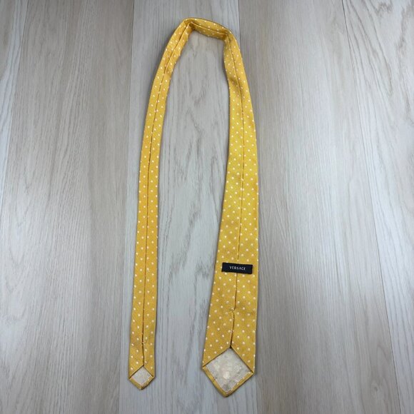 Versace Mens Yellow White Polka Dot Pointed 100% Pure Silk Necktie 59x3 Inches - Picture 6 of 14